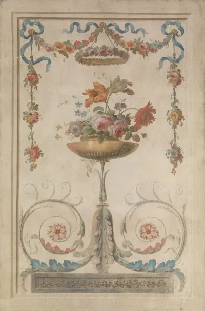 Vase Of Flowers Resting On Foliate Scrolls