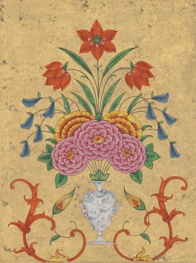 Vase With Flower Arrangement And Scrollwork