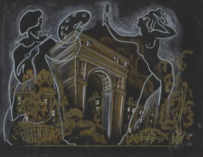 Vaudeville Artist And Nude Model Outlined Over Image Of Washington Square Park Archway