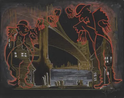 Vaudeville Tramps And Disembodied Hands Over Bridge And Hudson River