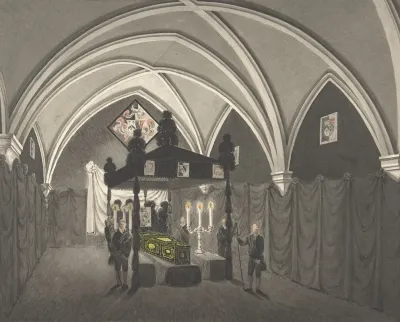 Vaulted Interior With Catalfalque Coffin And Attendants