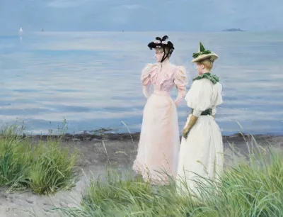 Ved Stranden I Hellerup Frk Elisabeth Fischer Og Frk Anna Pauline Bruun En Sommerdag Pa Stranden I Hellerup