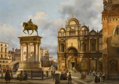 Venice A View Of The Campo Santi Giovanni E Paolo With The Equestrian Monument To Bartolomeo Colleoni And The Scuola Grande Di San Marco In The Background