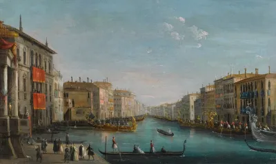 Venice A View Of The Grand Canal From The Palazzo Balbi Looking Toward The Rialto Bridge With A Regata