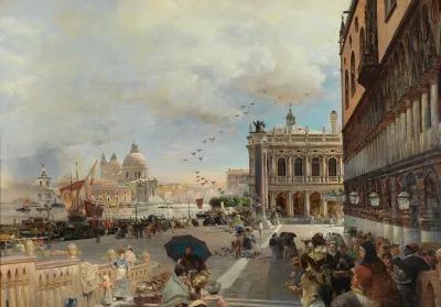 Venice A View Of The Piazzetta With The Biblioteca Marciana Santa Maria Della Salute And The Dogana