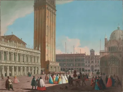 Venice The Piazzetta Looking North West Towards The Campanile With The Biblioteca The Procuratie Vecchie And The Torre Dellorologio