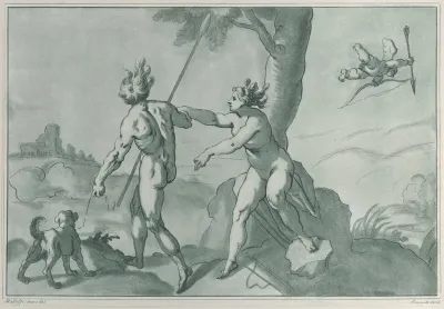 Venus And Adonis Nude In A Landscape With A Dog At Left And Cupid At Upper Right
