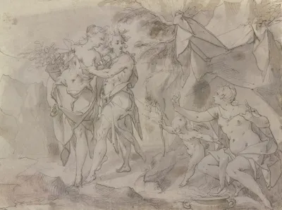 Venus Und Amor Unter Einem Zelt Sitzend Links Von Ihnen Stehen Flora Und Zephir