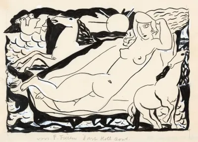 Venus Vignet Voor Boek Lart Hollandais Contemporain Van Paul Fierens Liggend Naakt Met Daarbij Afgebeeld Twee Paarden En Twee Duiven