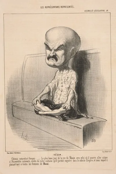 Vesin Chinese Figure Seated On Bench Legs Crossed
