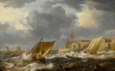 Vessels And A Rowing Boat On Choppy Waters Near A Small Harbor Town With A Windmill Possibly Hoboken