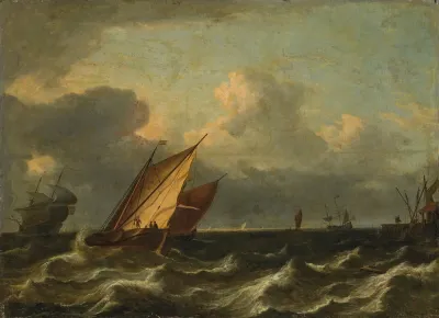 Vessels Sailing In Choppy Waters Near A Port