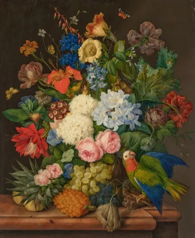 Viburnum Oculus Roses Plumbago Primula Auricula Hemerocallis Companula Chinadoxia And Epiphyllum On A Ledge With A Pineapple And A Parrot