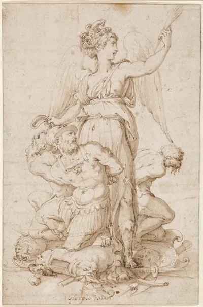 Victory With Three Prisoners Kneeling On Trophies