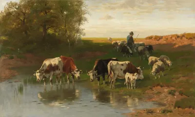 Vieh Mit Hirte An Der Furt