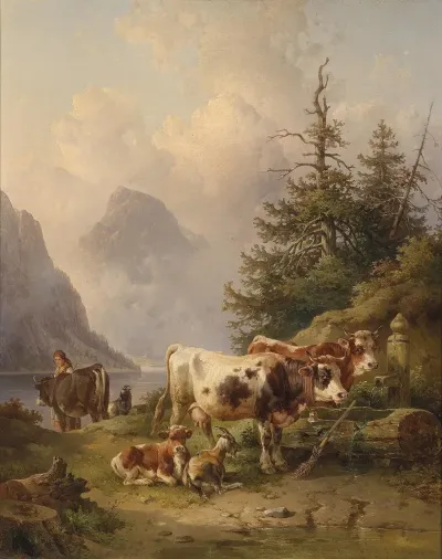 Viehherde Mit Hirtin Am Seeufer