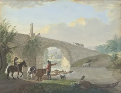 Viehherde Mit Zwei Hirten Bei Einer Steinbrucke Durch Das Wasser Schwimmend