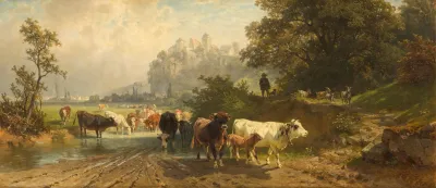 Viehtreiber In Bayerischer Landschaft Mit Blick Auf Eine Burg