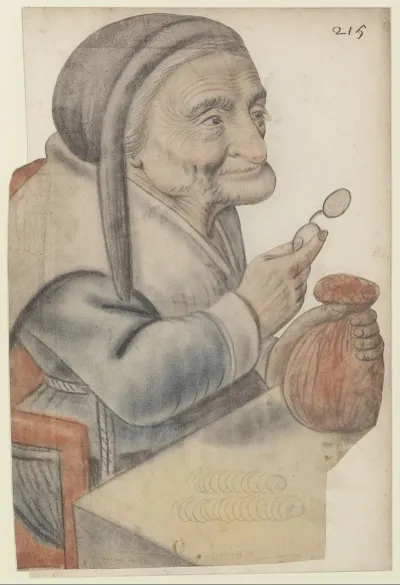 Vieille Femme Assise Devant Une Table Tenant Une Bourse Dans Sa Main Gauche Et Un Binocle Dans Sa Main Droite Vue De Trois Quarts A Droite