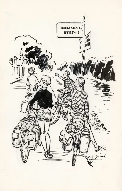 Vier Fietsers Bij Een Wegwijzer