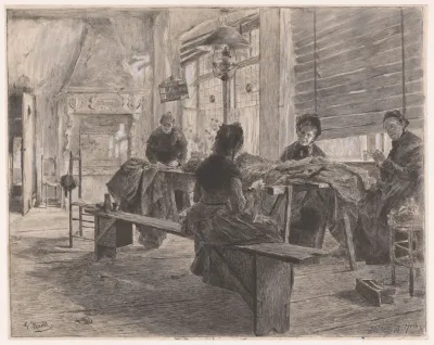 Vier Vrouwen In Een Naaiatelier Aan Het Werk