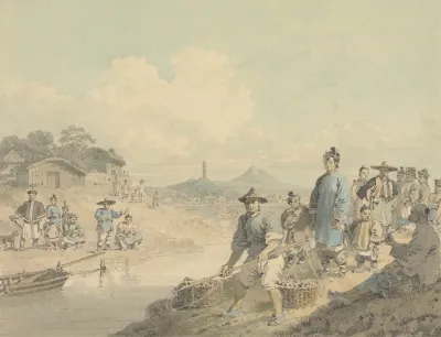 View In China Figures With Pagoda And Mountain