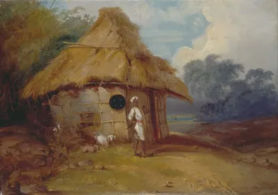 View In Southern India With A Warrior Outside His Hut