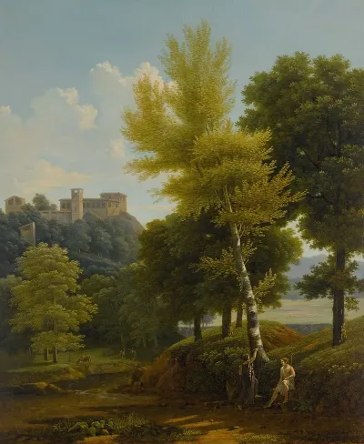 View Of A Brook In The Countryside A Castle In The Hillside Above With Paris And Oenone In The Foreground