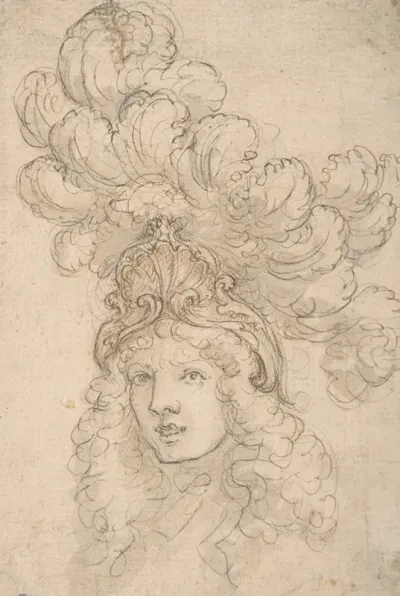 View Of A Design For A Headpiece Decorated With A Shell And Large Plume