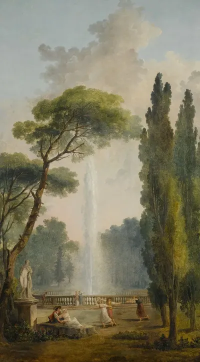 View Of A Garden With A Large Fountain At Center And Figures Relaxing And Dancing In The Foreground