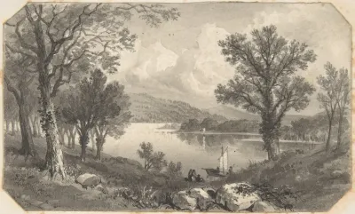 View Of A Lake Or River With A Sailboat