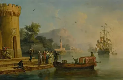 View Of A Mediterranean Port With A Group Of Figures On The Shores Edge A Large Ship Beyond
