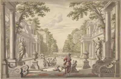 View Of A Palace Garden With A Central Pond Surrounded By Classical Architecture