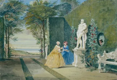 View Of A Park With Two Young Ladies By A Statue Of Hercules