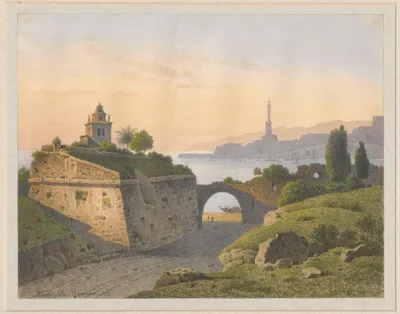 View Of A Port In Genoa With A Lighthouse In The Distance