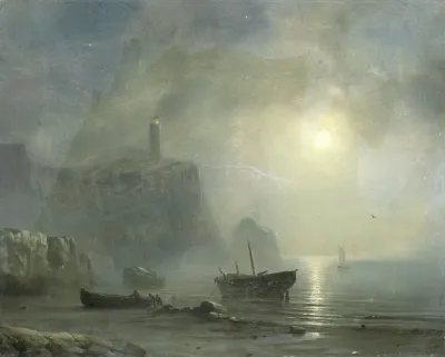 View Of A Rocky Coast By Moonlight