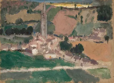 View Of A Small Town With A Church Tower