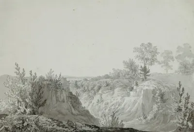 View Of A Valley With Two Figures Seated On A Path