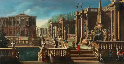View Of A Villa With A Fountain Gardens And Elegant Figures