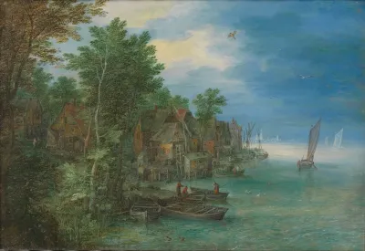 View Of A Village Along A River