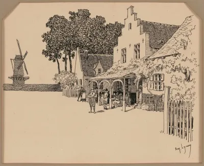 View Of A Village With A Windmill