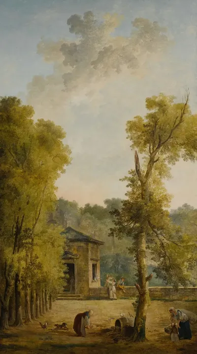 View Of A Walled Garden Courtyard With A Woman Feeding Chickens And Other Figures In The Foreground