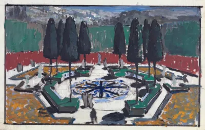 View Of A Walled Octagonal Garden With Evergreen Trees