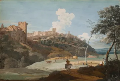View Of An Italian Hilltown With A Horseman And Peasants Laboring