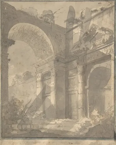View Of Ancient Roman Ruins An Arch And A Triangular Pedimented Doorway