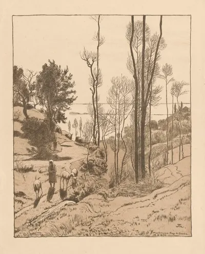 View Of Lake Garda With A Shepherdess Tending Goats And Sheep