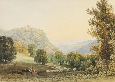 View Of Leopoldsberg With Resting Women And Sheep In The Foreground