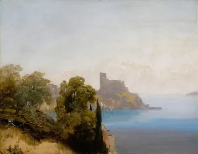 View Of Lerici With Baron Charles Rivet Sketching In The Foreground