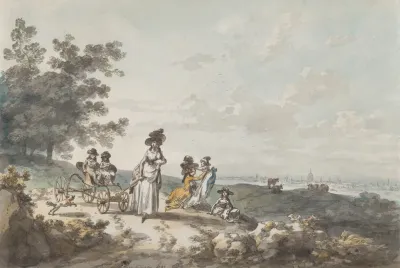 View Of London With St Pauls In The Distance Woman And Children With A Baby Carriage