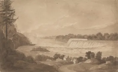 View Of Niagara Falls With The Falls In The Background Right And Landscape With Houses In The Foreground